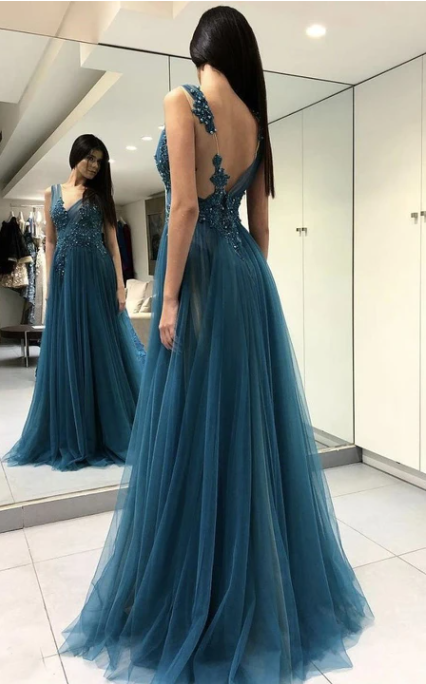 Xuewuba Dress V-neck Ethereal Tulle Front Split Floor-length Dress With Appliques And Beading Prom Dress Formal Wear Dresses