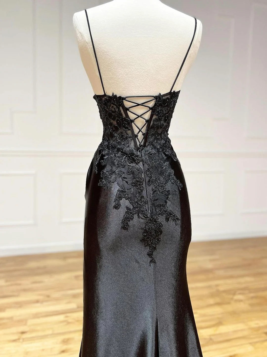 Black Spaghetti Strap Evening Dress with Slit