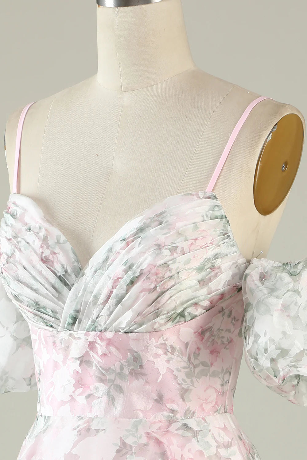A-Line Shoulder Flower Printed Pink Homecoming Dresses