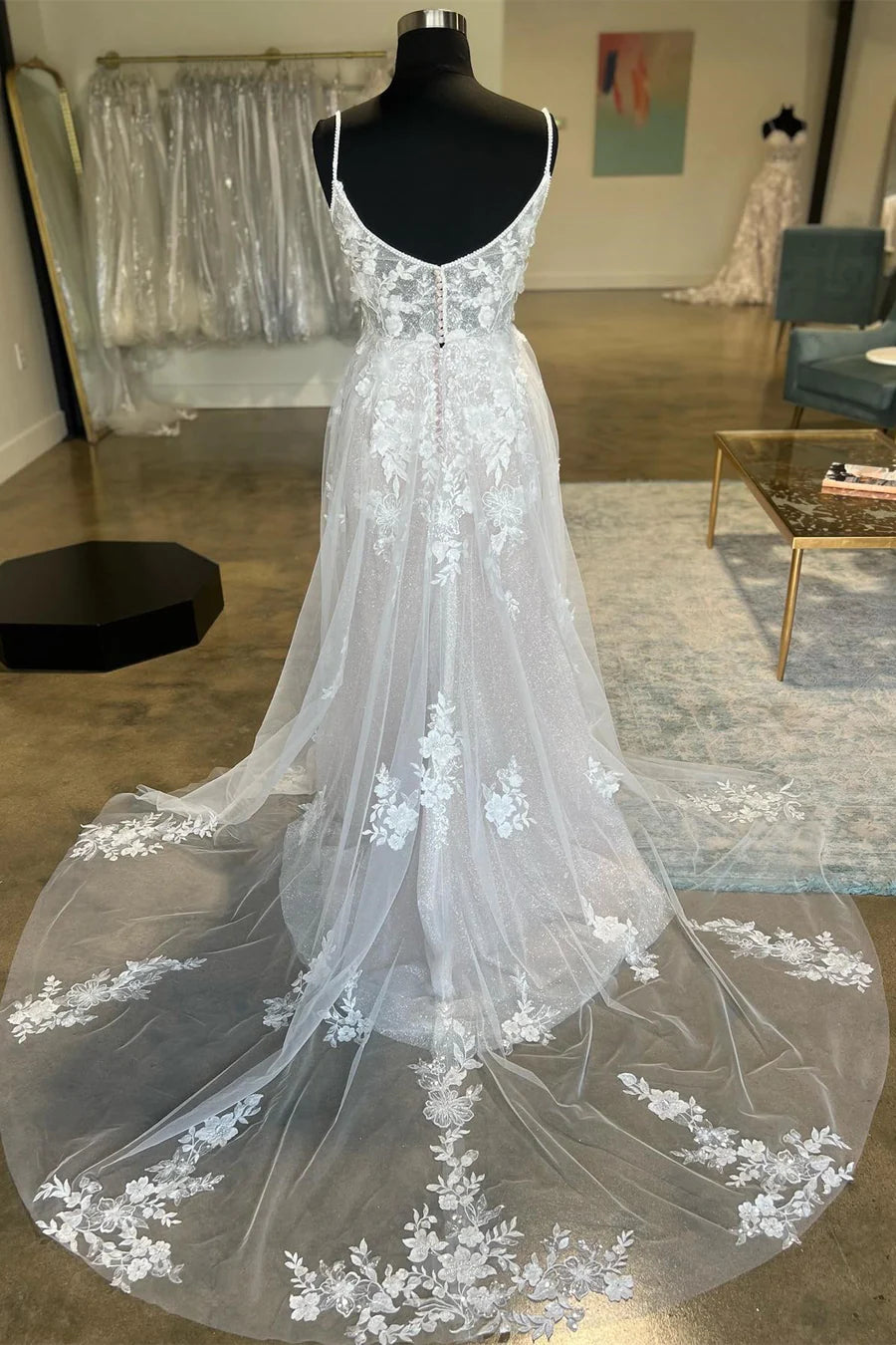 Floral Lace Spaghetti Strap Long Bridal Gown
