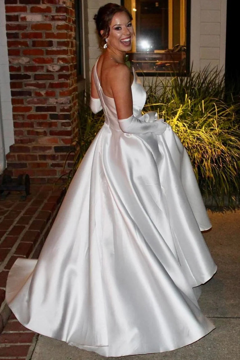 A-Line Asymmetrical Satin Long Wedding Dress