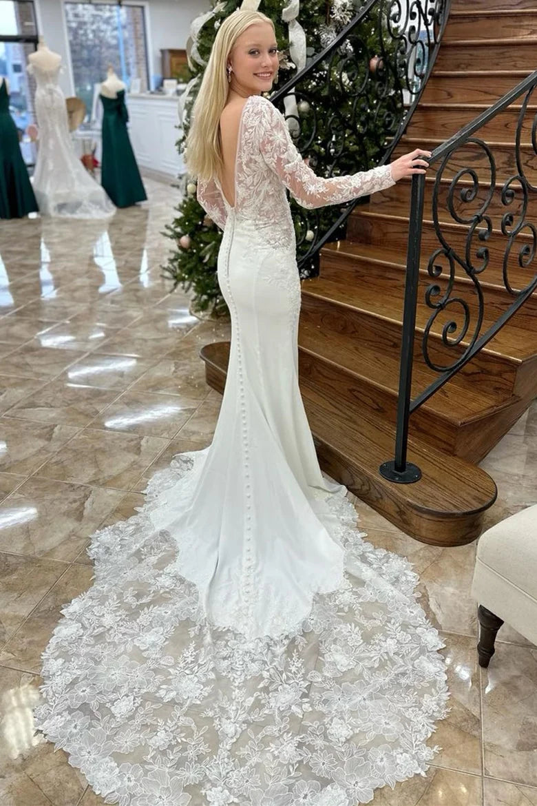 Long Sleeves V Neck Mermaid Bridal Gown with Appliques
