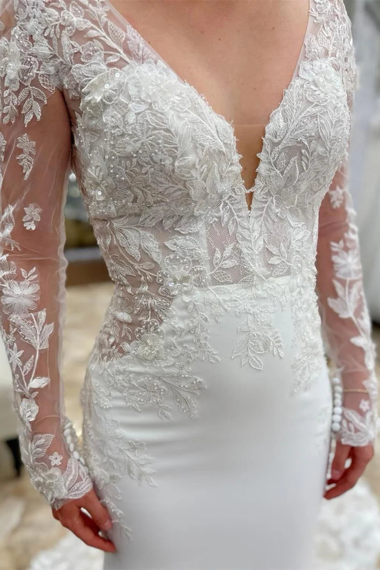 Long Sleeves V Neck Mermaid Bridal Gown with Appliques