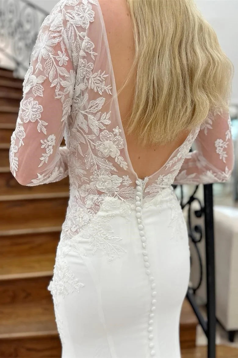 Long Sleeves V Neck Mermaid Bridal Gown with Appliques
