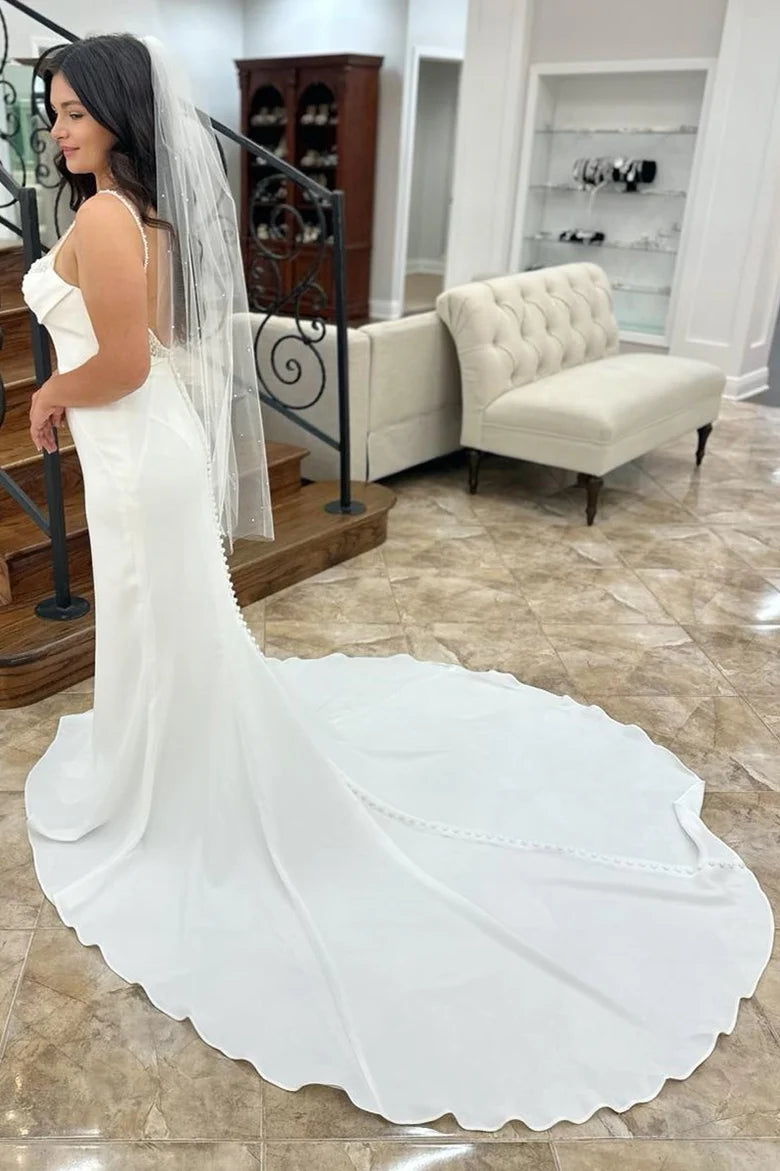 Beaded Neck Backless Long Wedding Dress