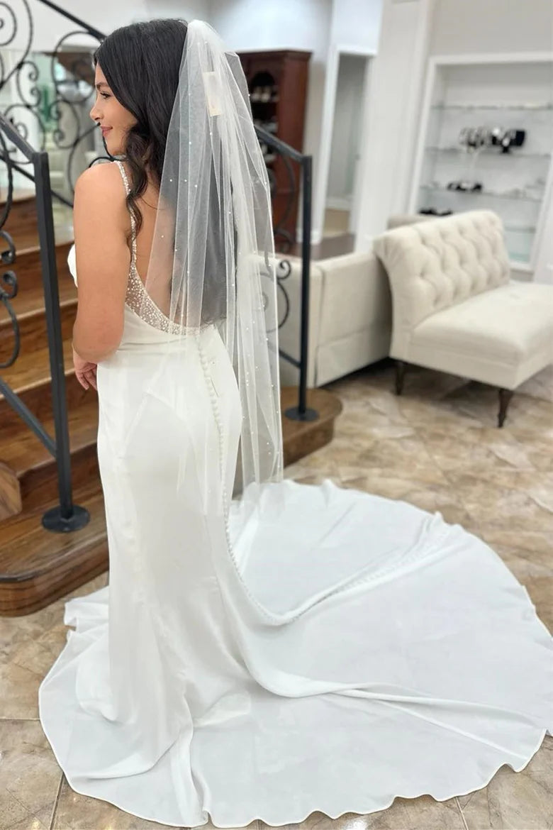 Beaded Neck Backless Long Wedding Dress