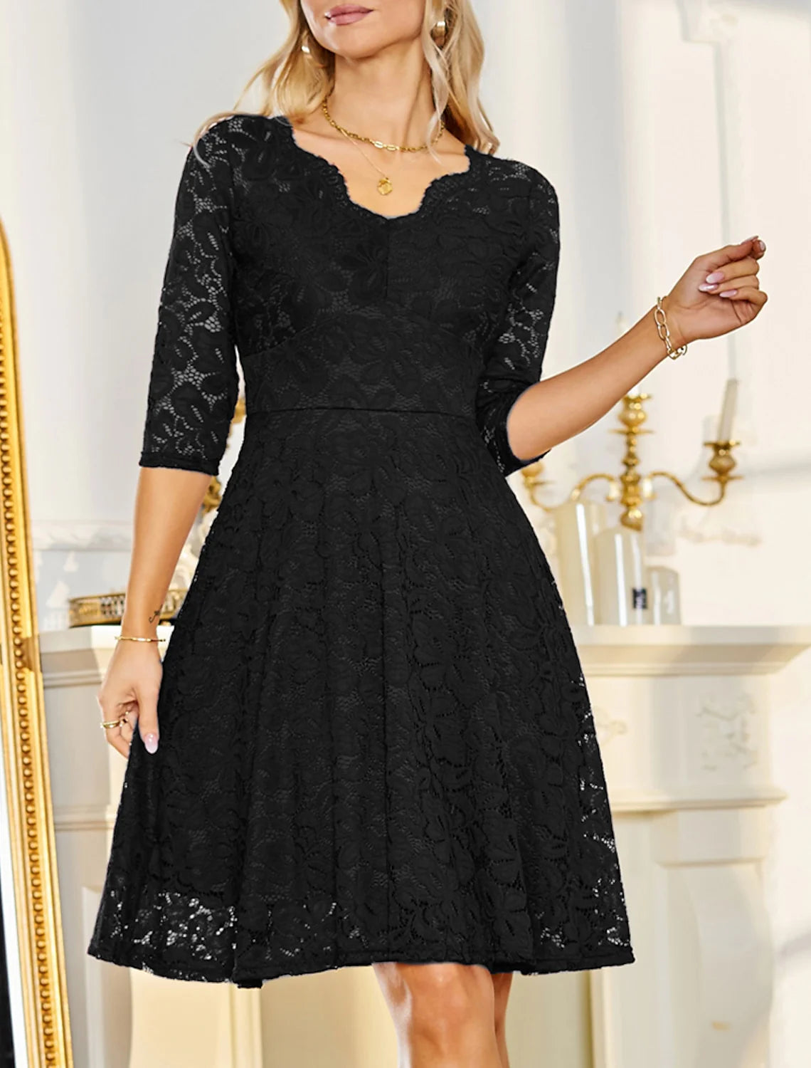 A-Line/Princess V-Neck Lace Wedding Guest Cocktail Dresses
