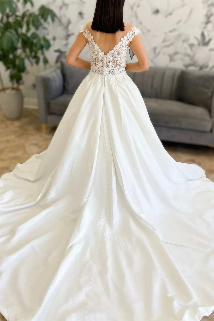 Off-the Shoulder Lace Satin Backless Wedding Dress