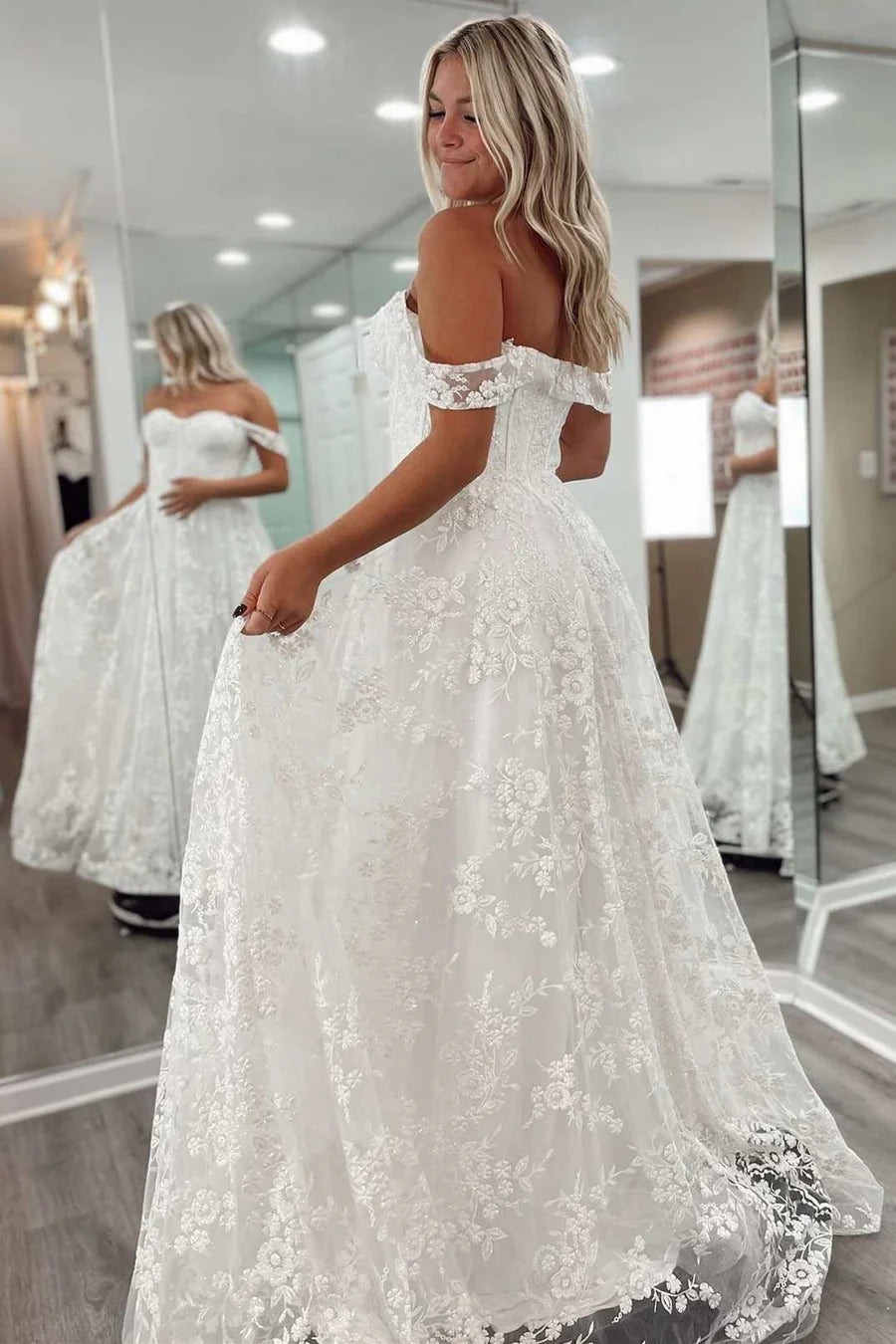 Off-the-Shoulder Floral Lace A-Line Wedding Dresses
