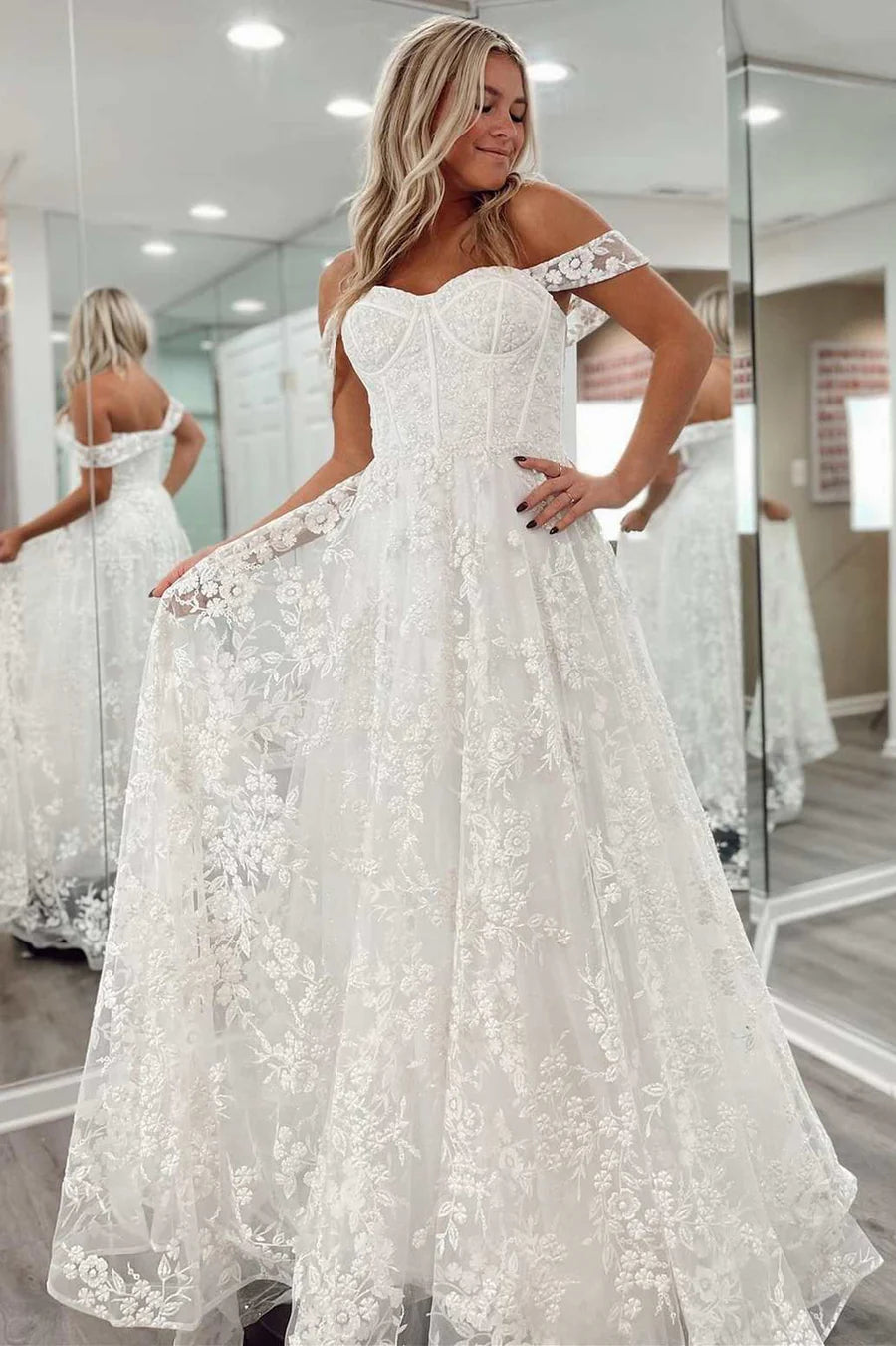Off-the-Shoulder Floral Lace A-Line Wedding Dresses