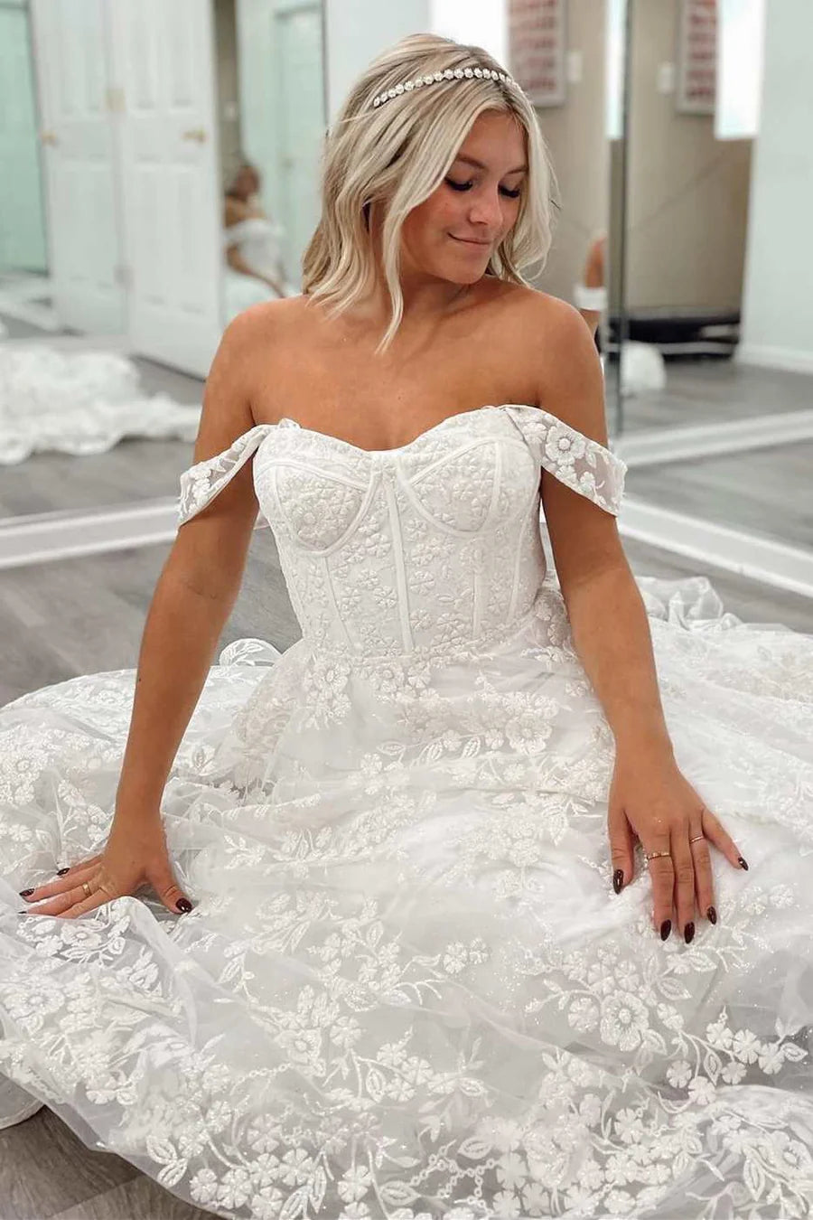 Off-the-Shoulder Floral Lace A-Line Wedding Dresses
