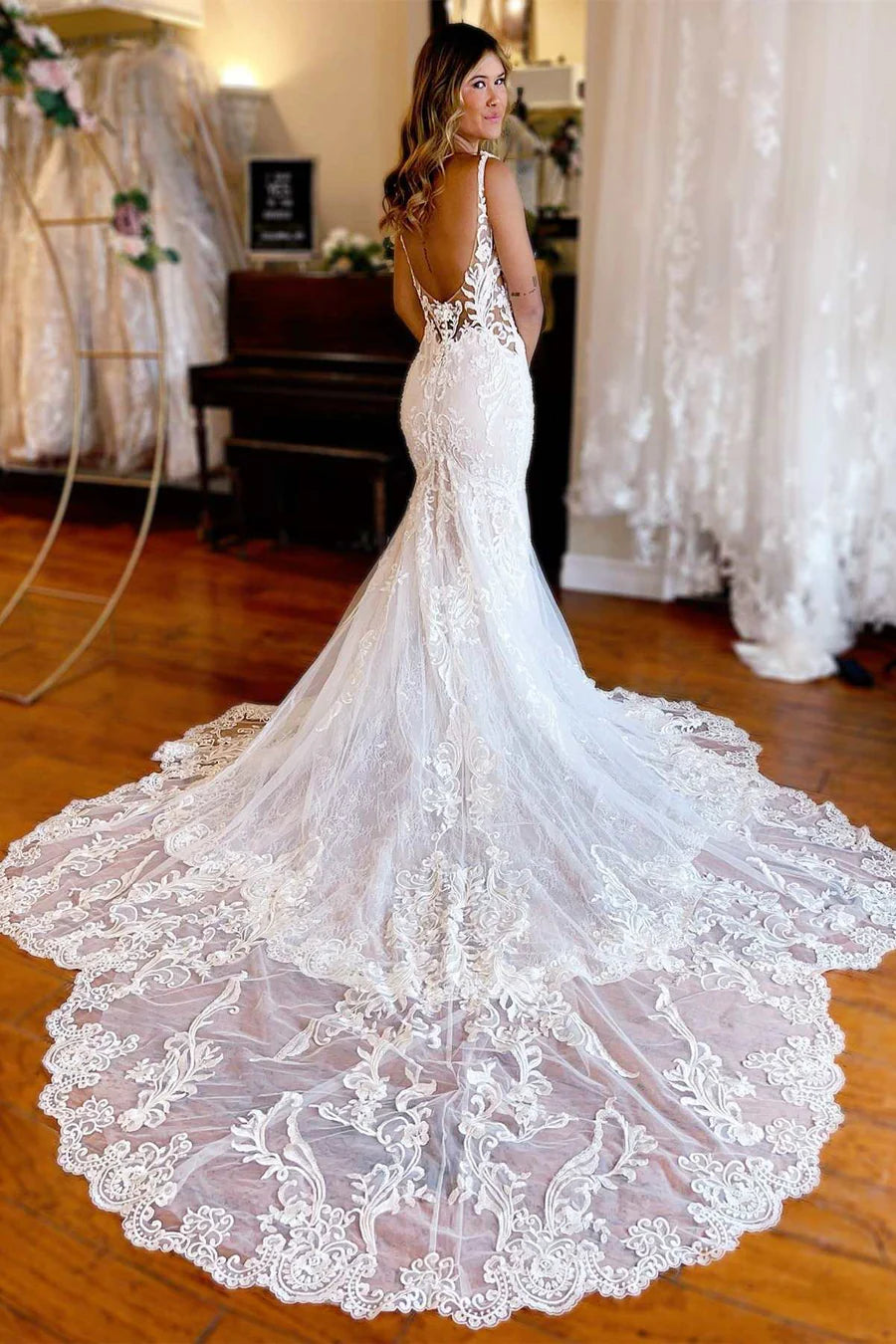 Lace Deep V Neck Backless Trumpet Long Wedding Dress