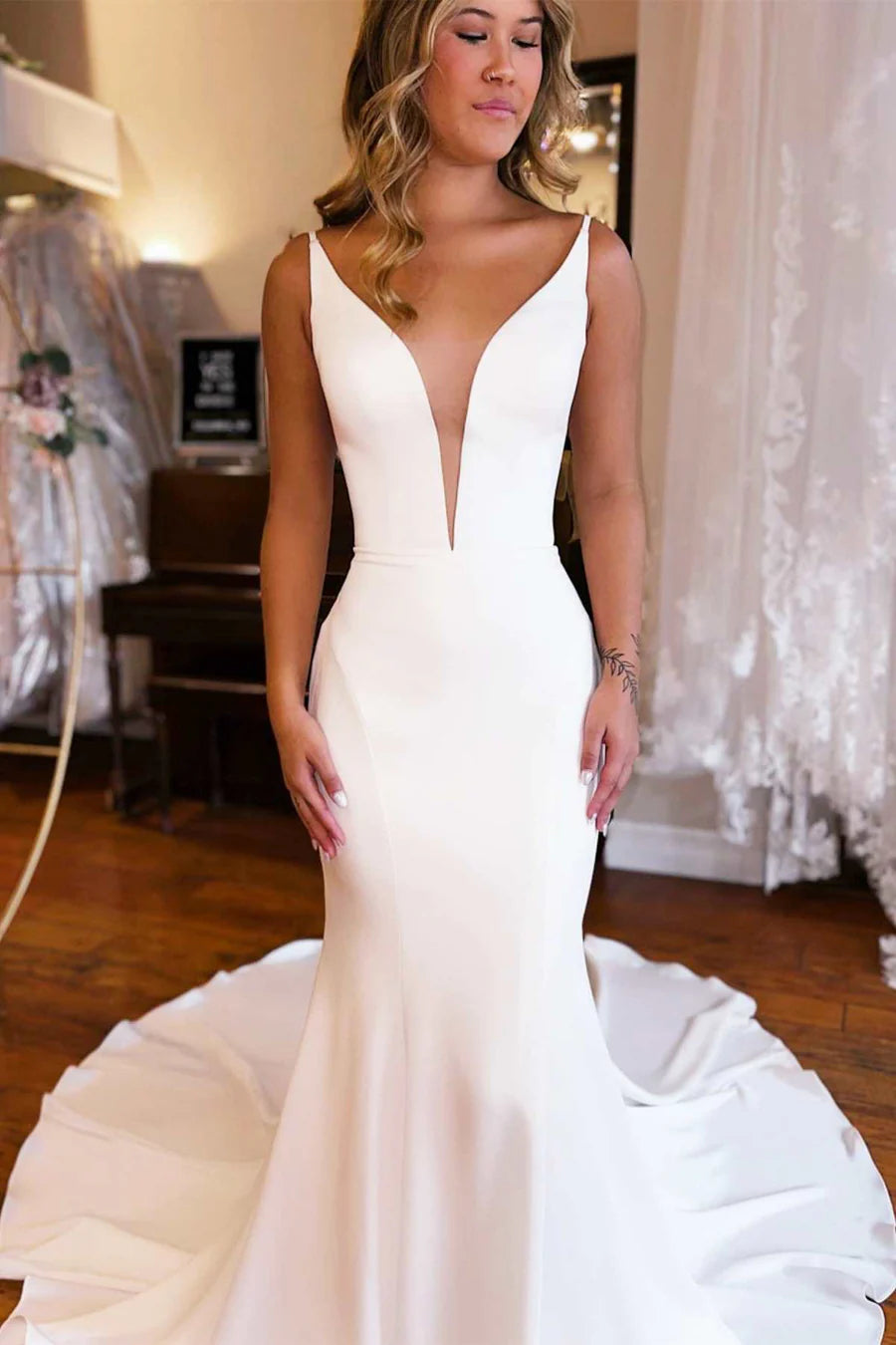 Deep V Neck Backless Mermaid Long Wedding Dress