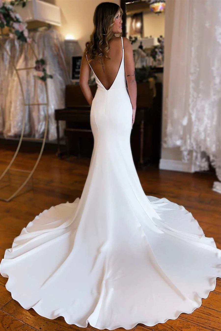 Deep V Neck Backless Mermaid Long Wedding Dress