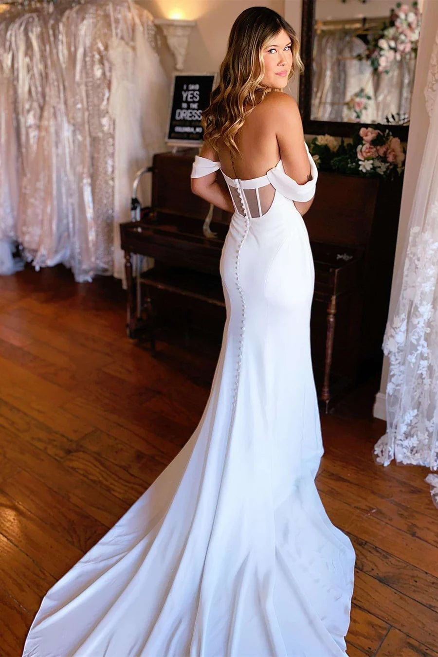 Off-the-Shoulder Backless Mermaid Long Wedding Dress With Train 