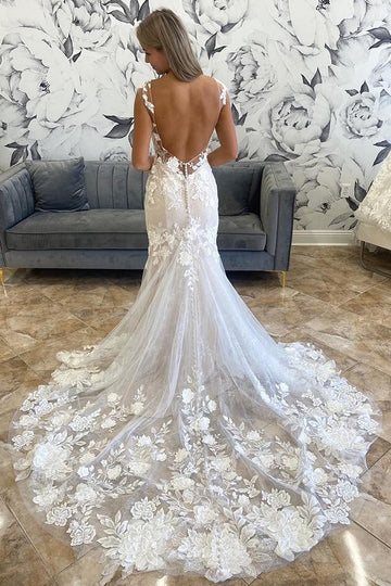 Round Neck Open Back Appliques Trumpet Long Wedding Dress