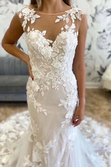 Round Neck Open Back Appliques Trumpet Long Wedding Dress