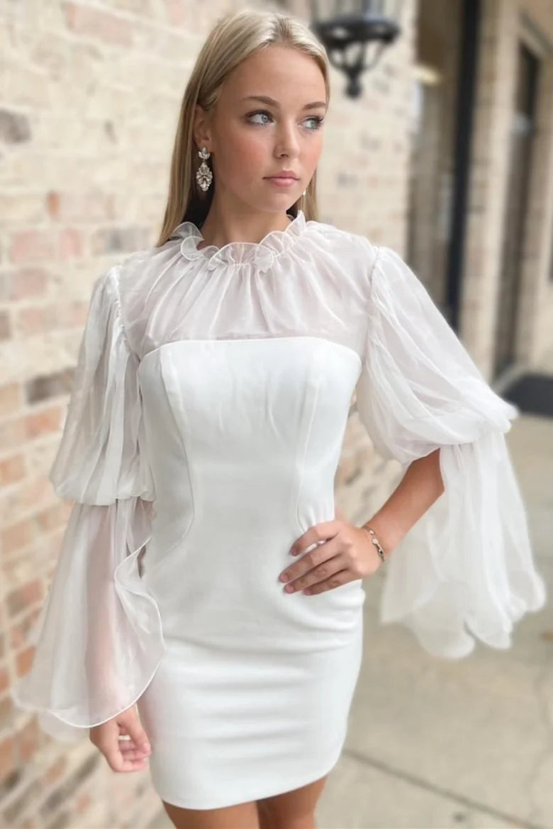 High-Collar Long Sleeve Short Wedding Dress