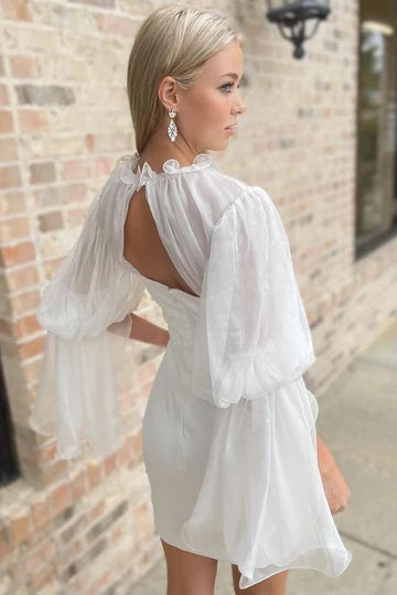 High-Collar Long Sleeve Short Wedding Dress