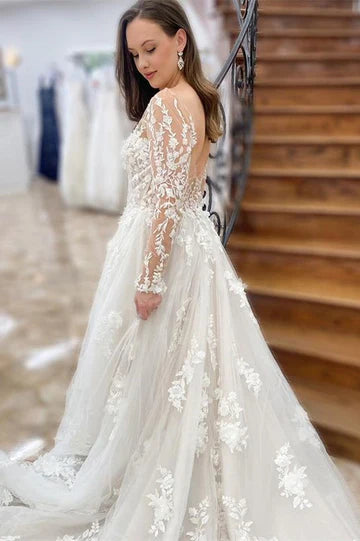 Long Sleeve Backless Long Wedding Dress With Applique