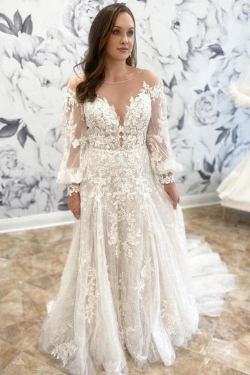 A-Line Round Neck Long Sleeve Wedding Dress With Applique