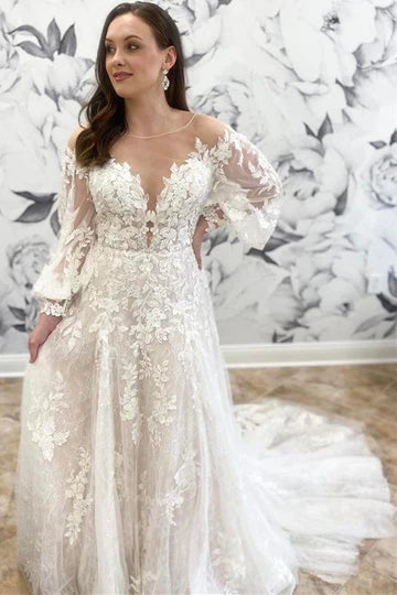 A-Line Round Neck Long Sleeve Wedding Dress With Applique