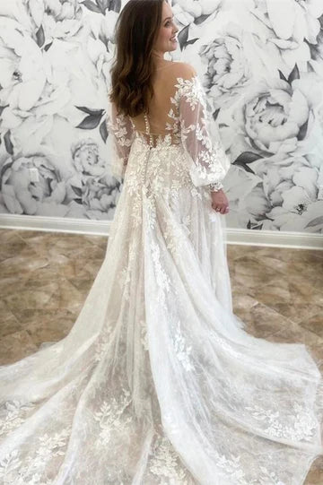 A-Line Round Neck Long Sleeve Wedding Dress With Applique
