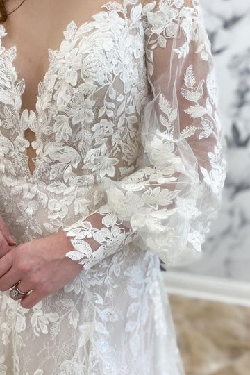 A-Line Round Neck Long Sleeve Wedding Dress With Applique