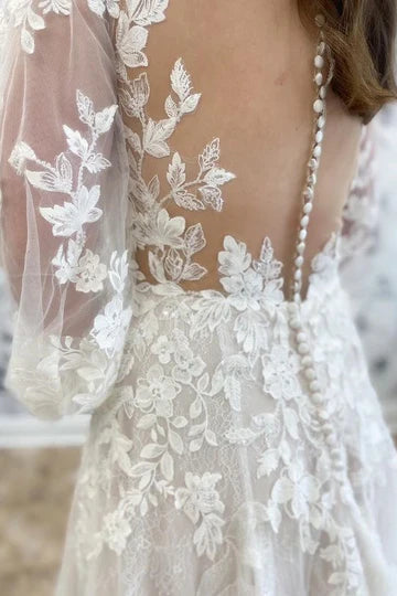 A-Line Round Neck Long Sleeve Wedding Dress With Applique