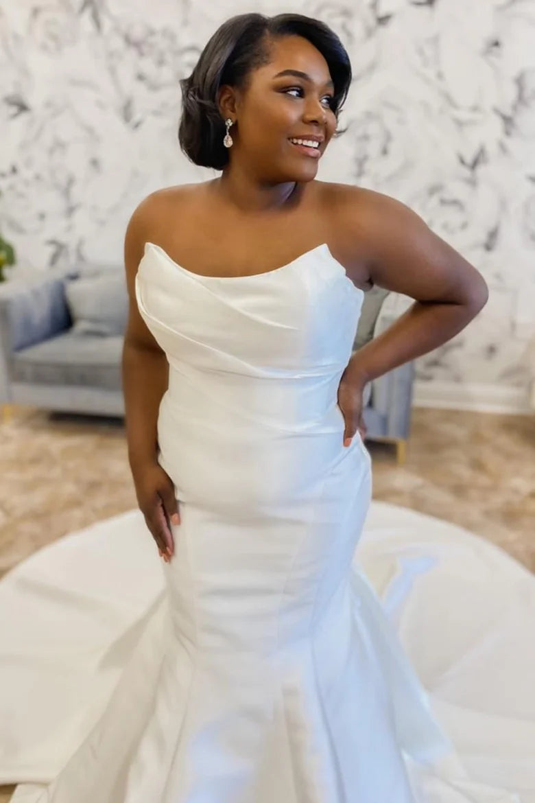 A-Line Satin Strapless Trumpet Long Wedding Dress With Train
