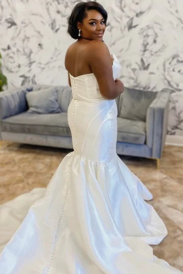 A-Line Satin Strapless Trumpet Long Wedding Dress With Train