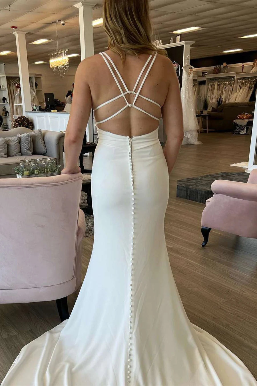 Deep V Lace-Up Back Mermaid Long Wedding Dress