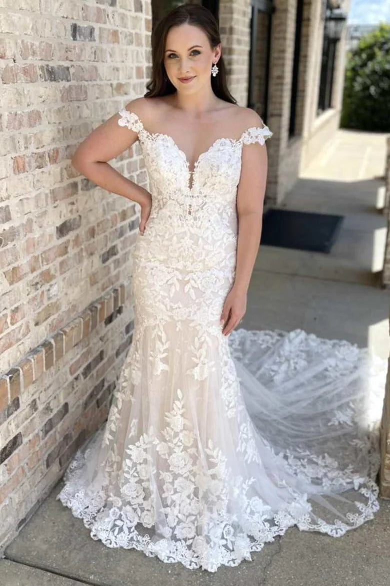 Off-the-Shoulder Lace Backless Mermaid Wedding Gown