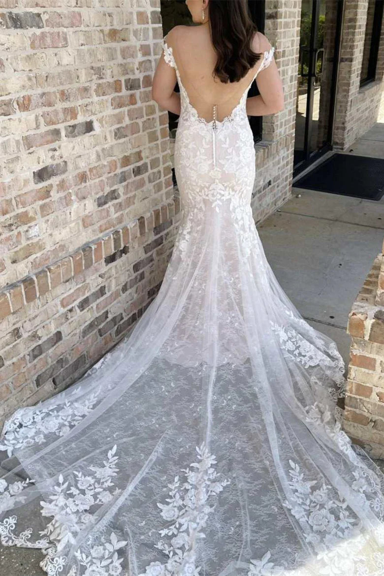 Off-the-Shoulder Lace Backless Mermaid Wedding Gown