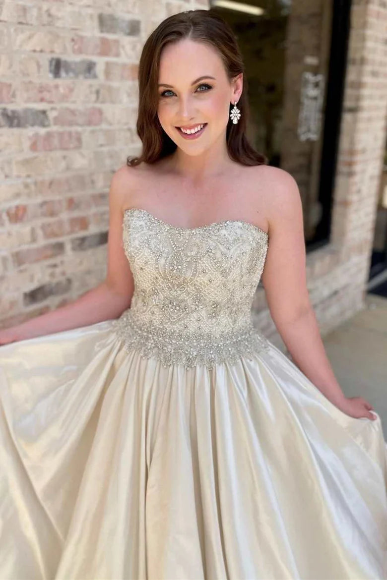 A-Line Strapless Beading Wedding Dress
