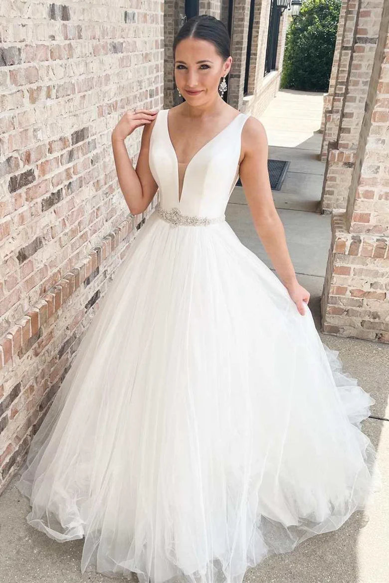 A-Line V-Neck Long Wedding Dress with Belt