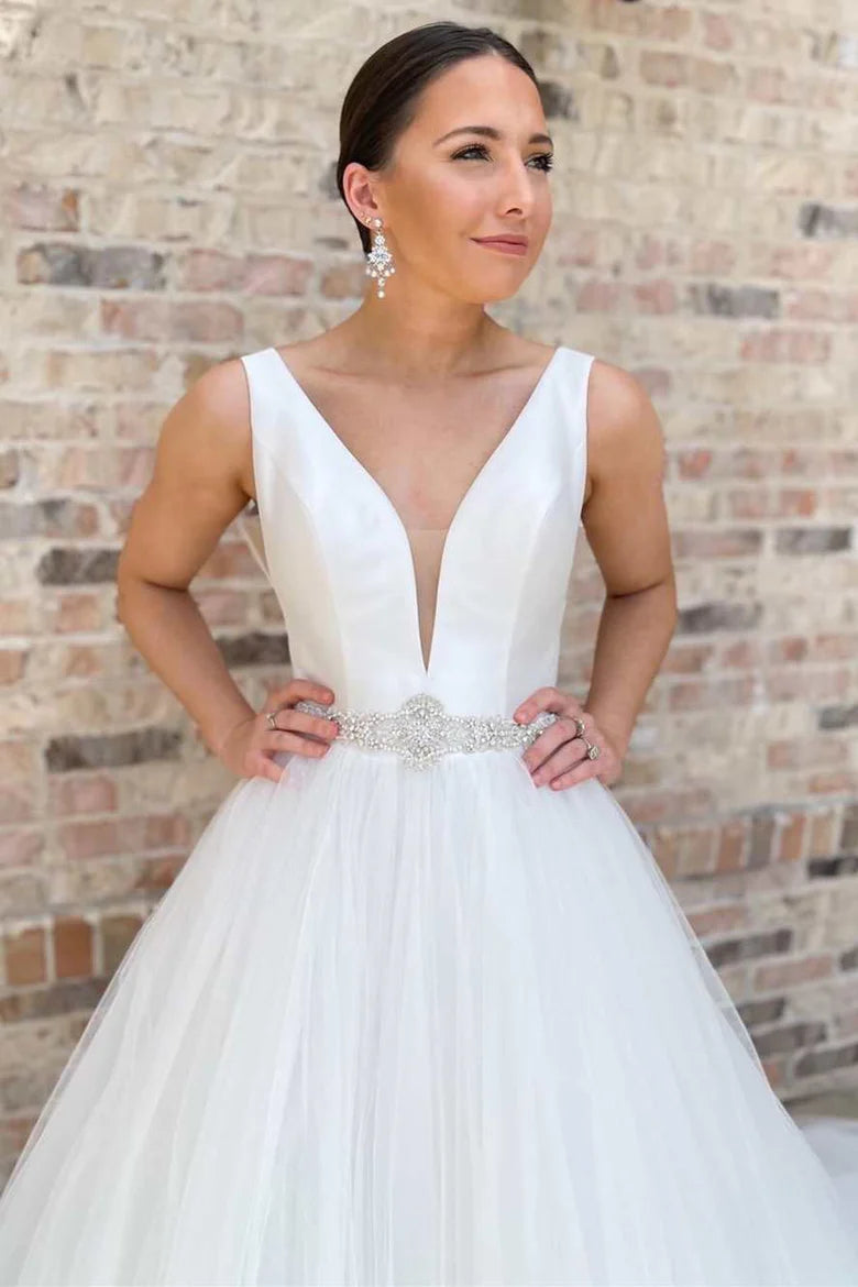 A-Line V-Neck Long Wedding Dress with Belt
