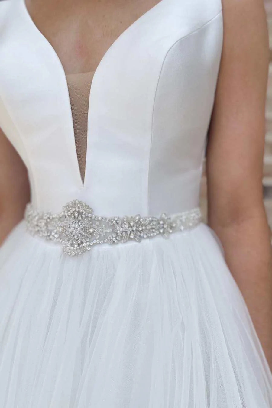 A-Line V-Neck Long Wedding Dress with Belt