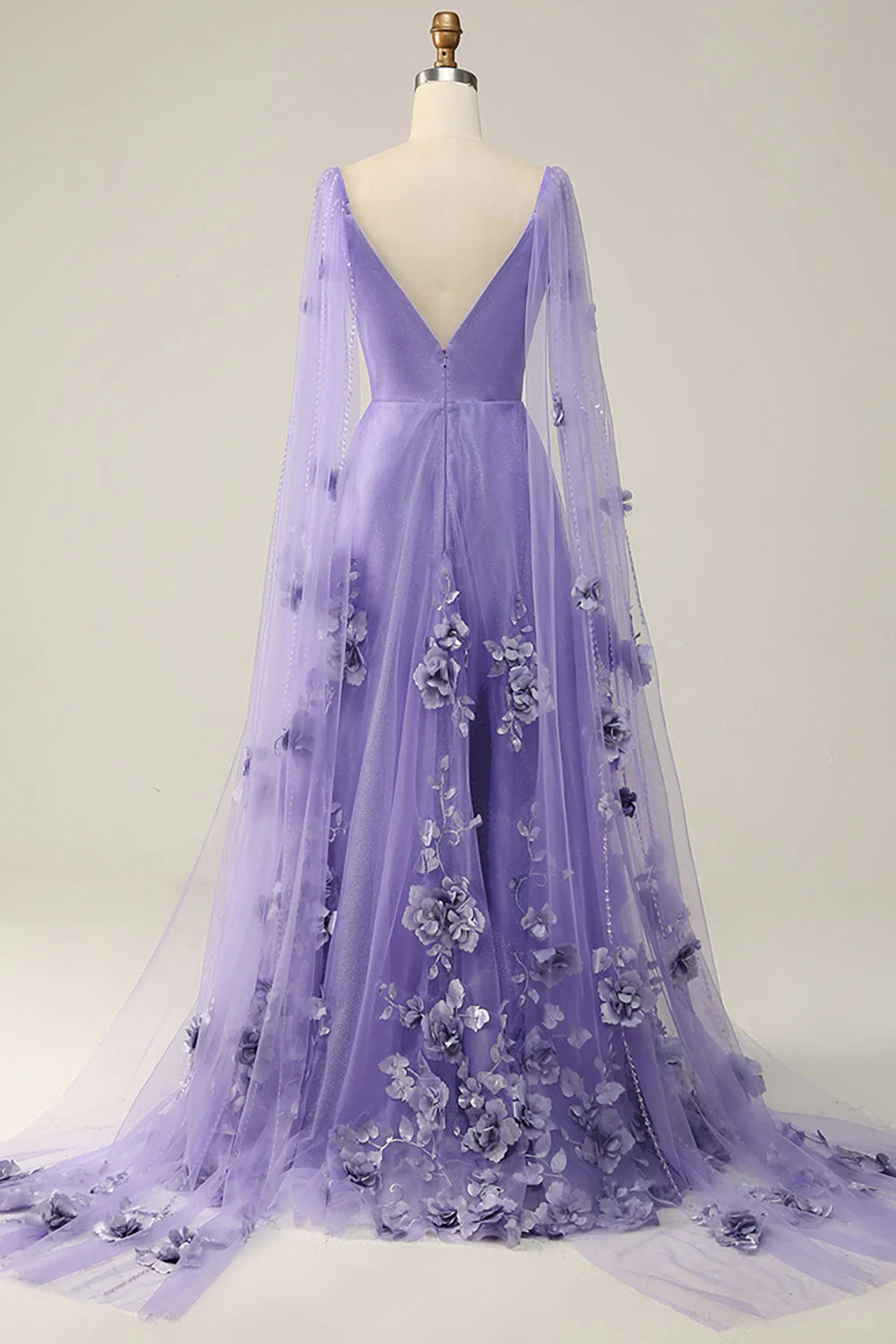 V Neck Train Prom Dress With 3D Flowers