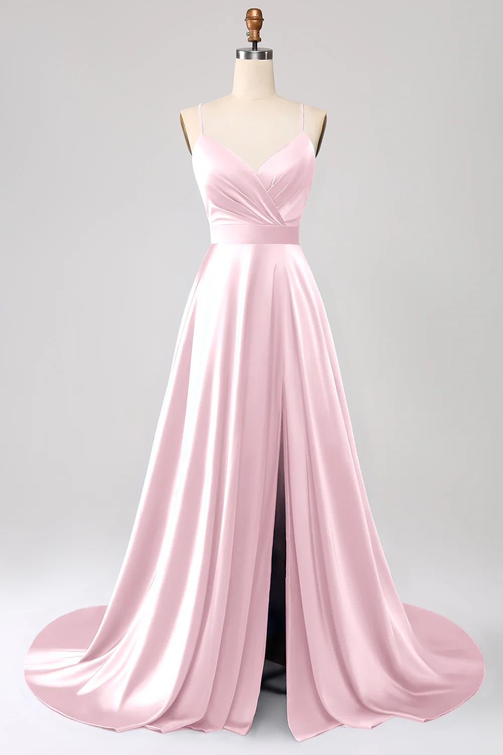 A Line Spaghetti Straps Satin Prom Dress With Slit