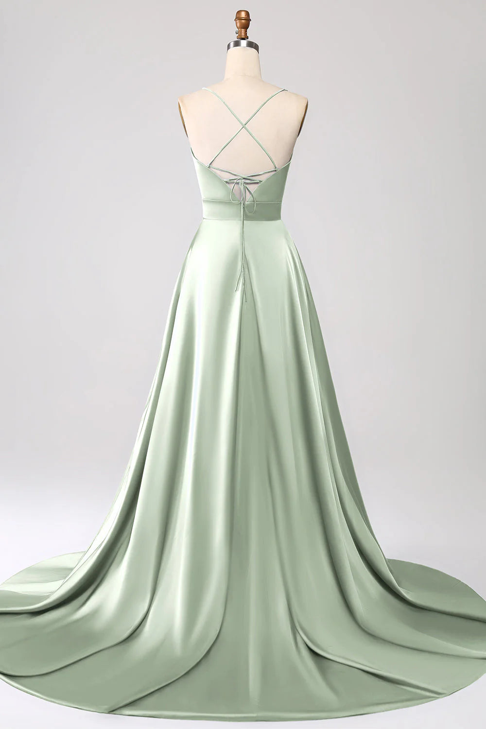 A Line Spaghetti Straps Satin Prom Dress With Slit