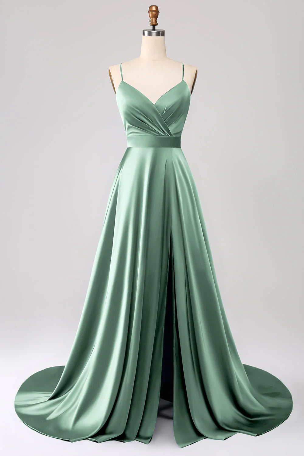 A Line Spaghetti Straps Satin Prom Dress With Slit