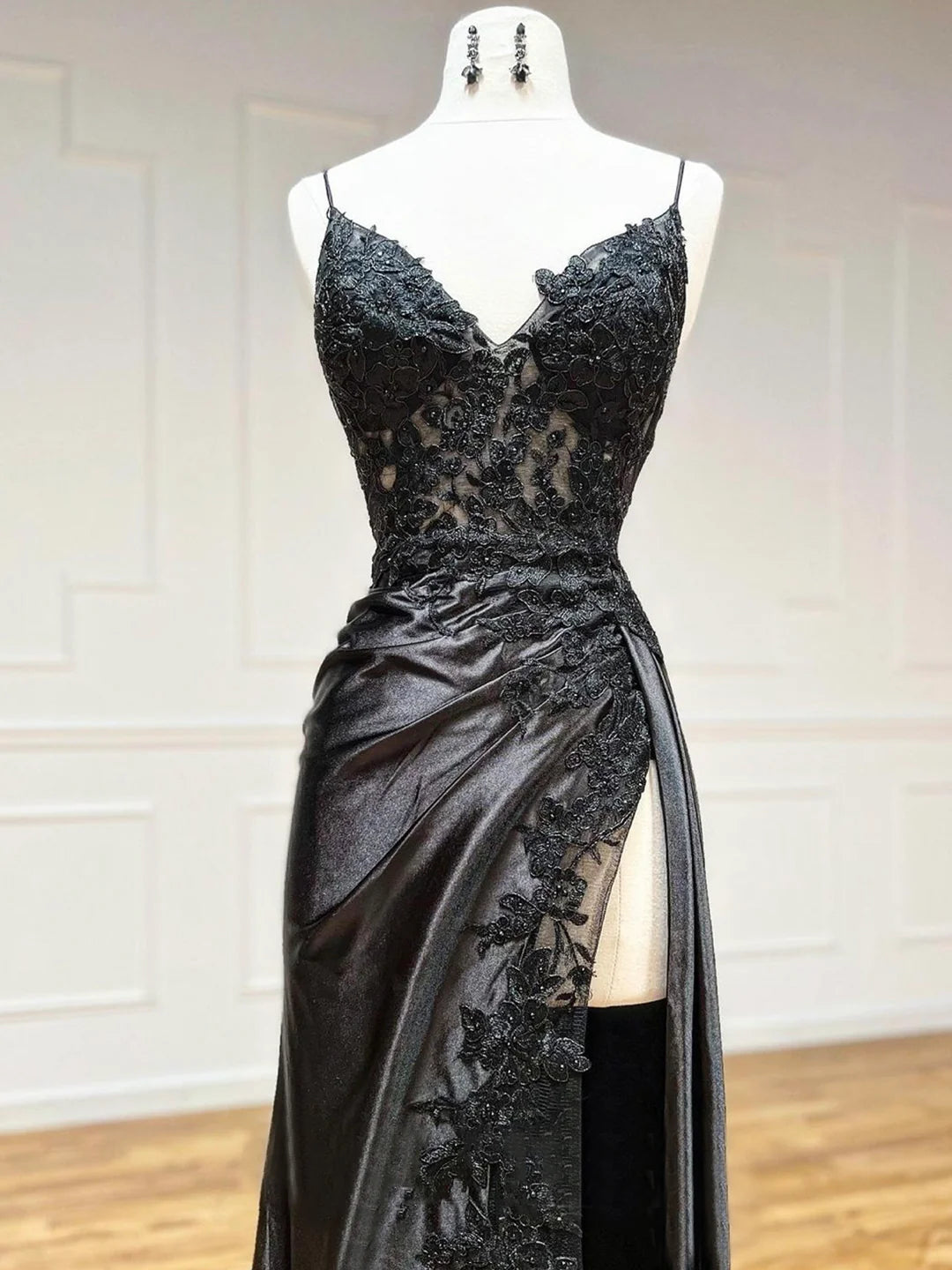 Black Spaghetti Strap Evening Dress with Slit