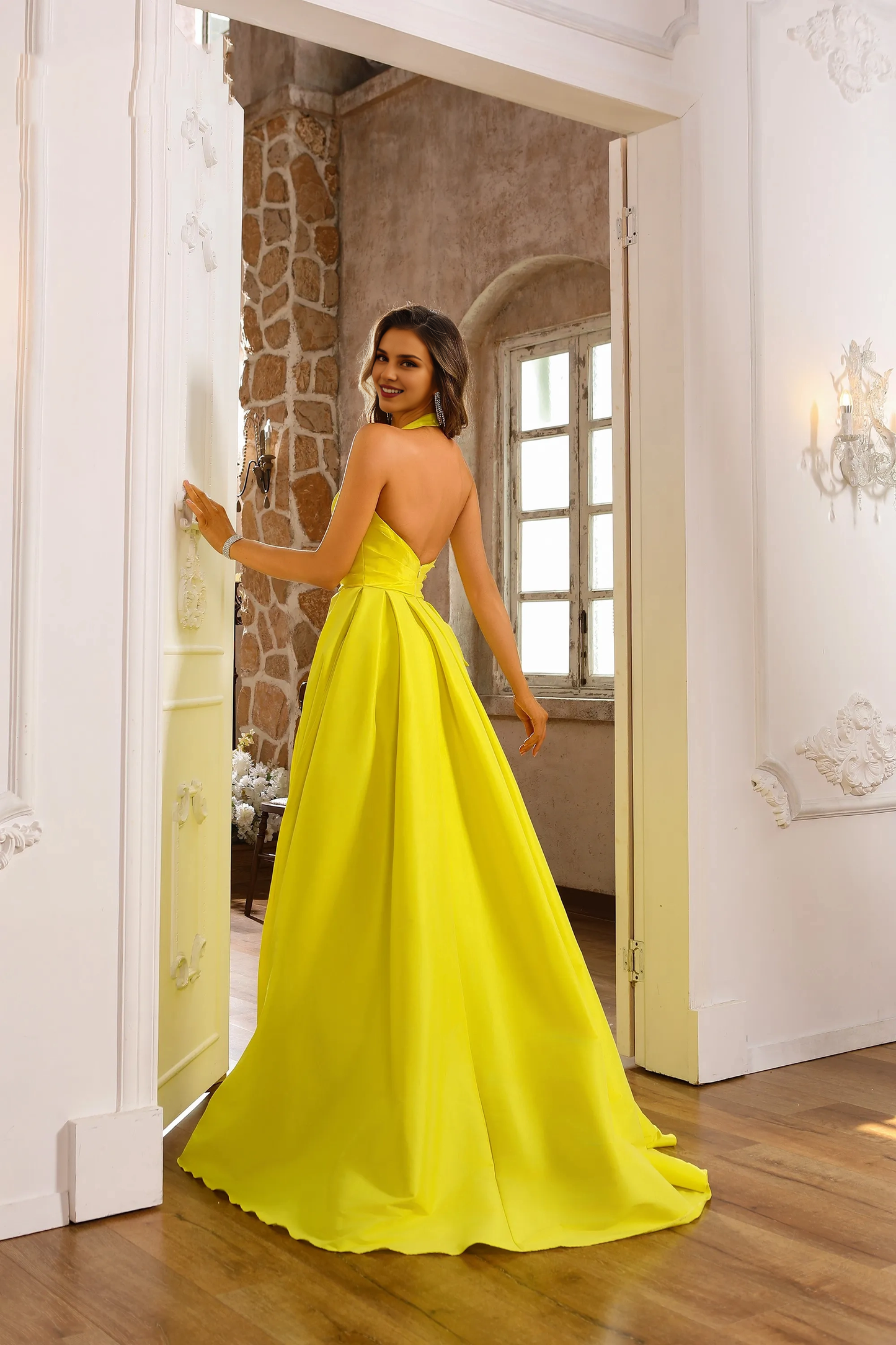 Xuewuba Dress A-line Sweetheart Halter Strapless Floor Length Sleeveless Pleated With Side Slit Prom Dress