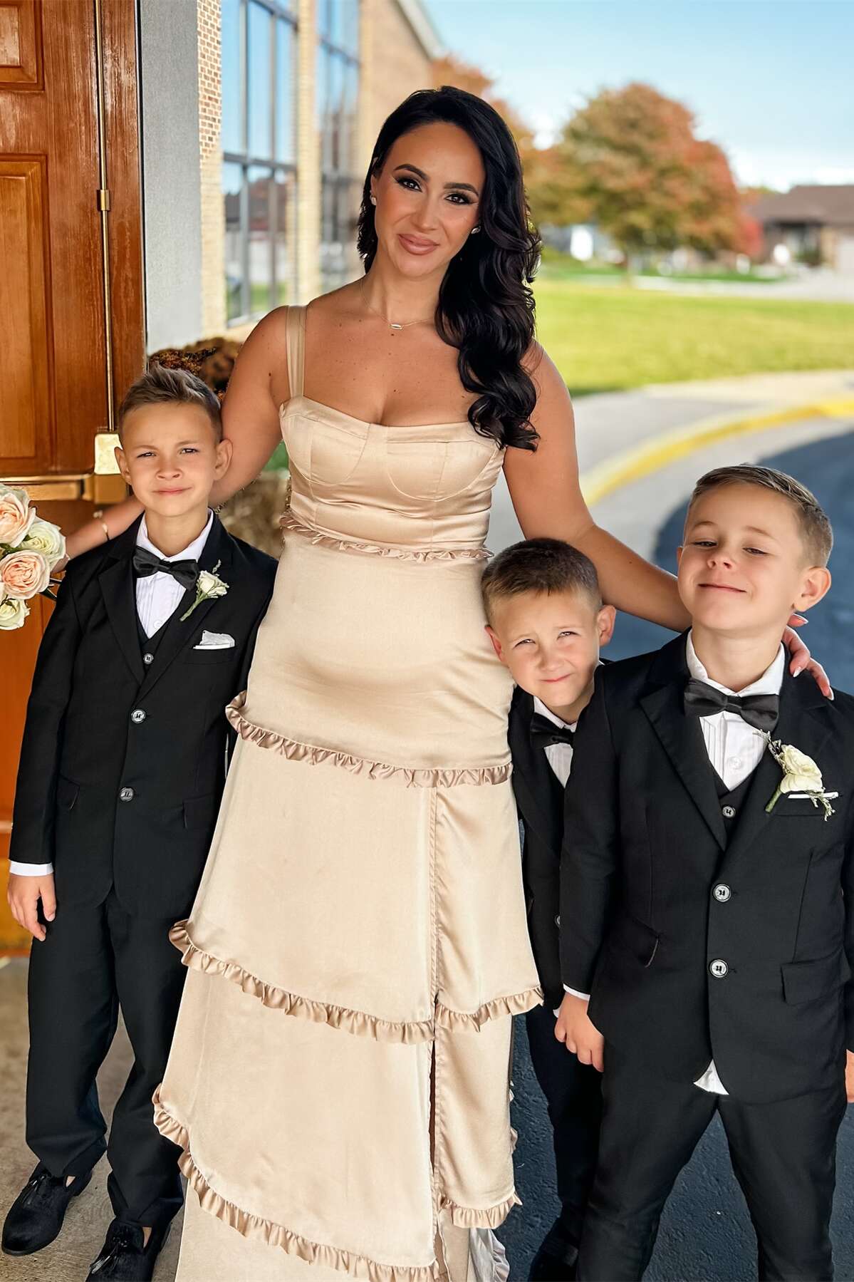 Xuewuba Champagne Ruffle Hem Satin Long Dress with Slit Prom Dress