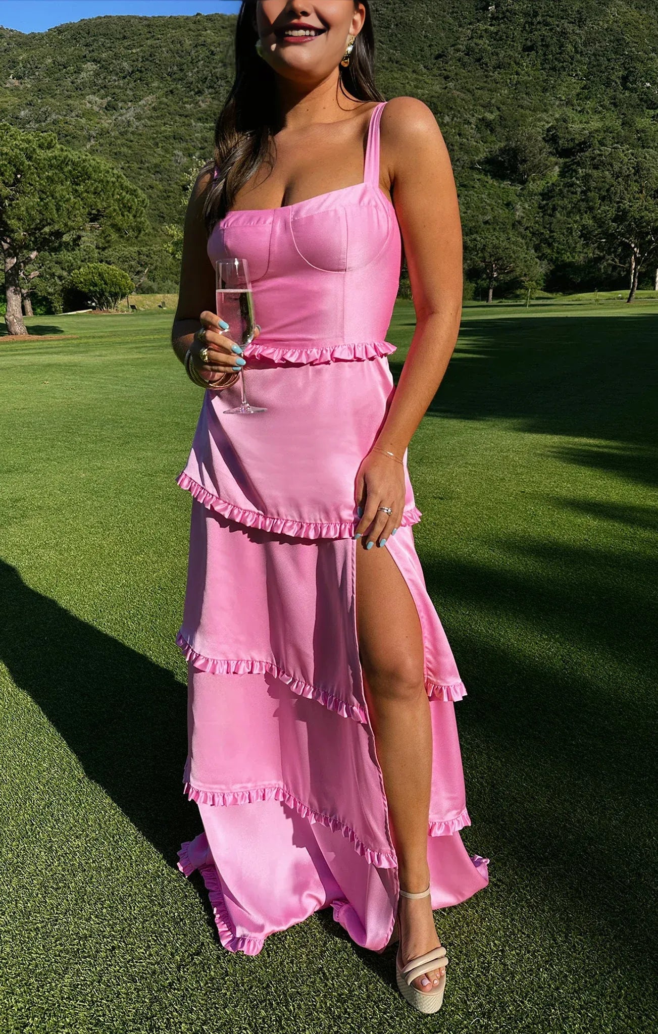 Xuewuba Champagne Ruffle Hem Satin Long Dress with Slit Prom Dress