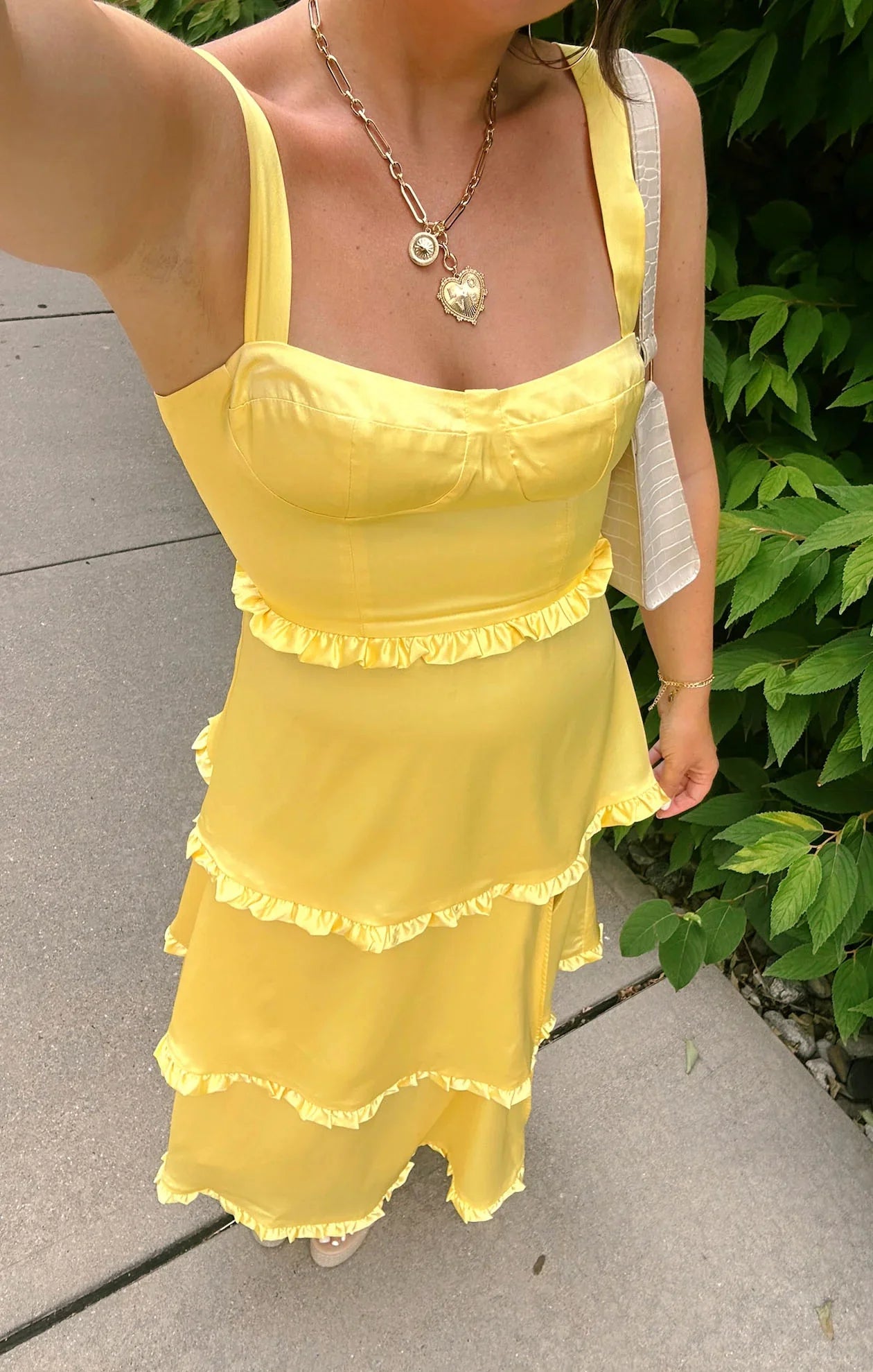 Xuewuba Champagne Ruffle Hem Satin Long Dress with Slit Prom Dress