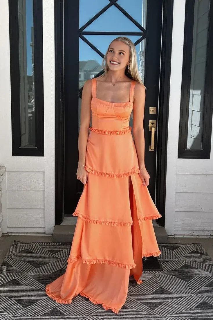 Xuewuba Champagne Ruffle Hem Satin Long Dress with Slit Prom Dress