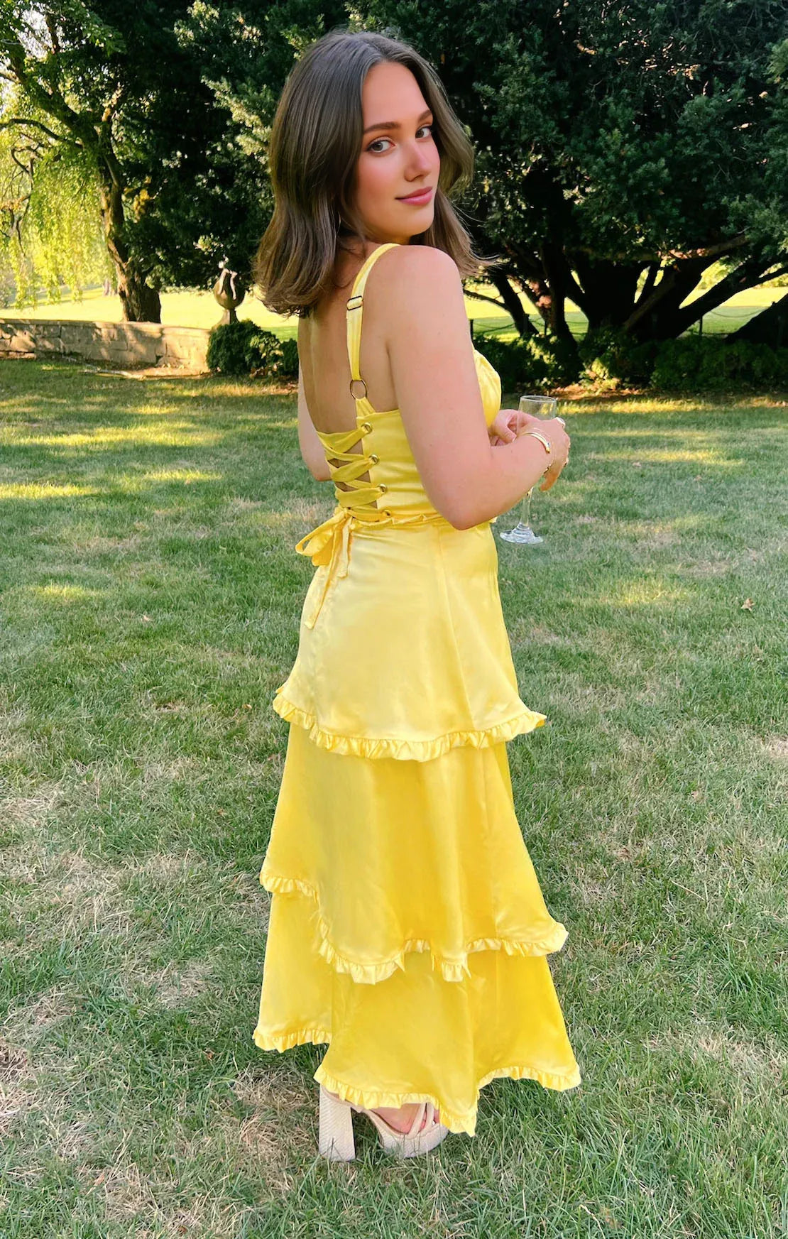 Xuewuba Champagne Ruffle Hem Satin Long Dress with Slit Prom Dress