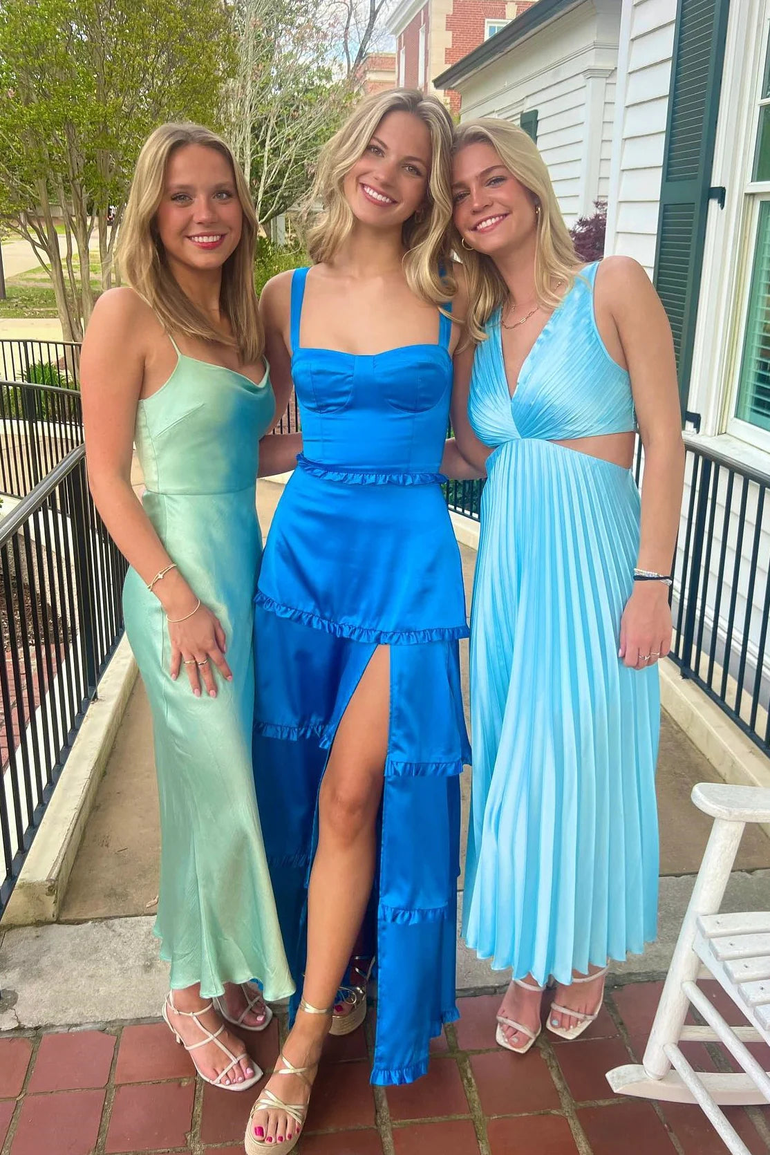 Xuewuba Champagne Ruffle Hem Satin Long Dress with Slit Prom Dress